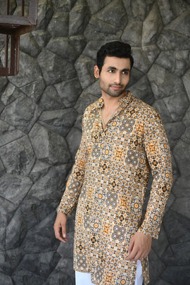 Explore the Elegance of Multi Rajasthani Printed Cotton Men's Short Kurta