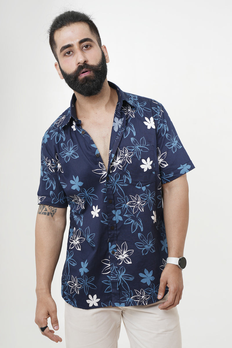 Blue color shirt Flowers print half sleeves Cotton shirt – Style Matters